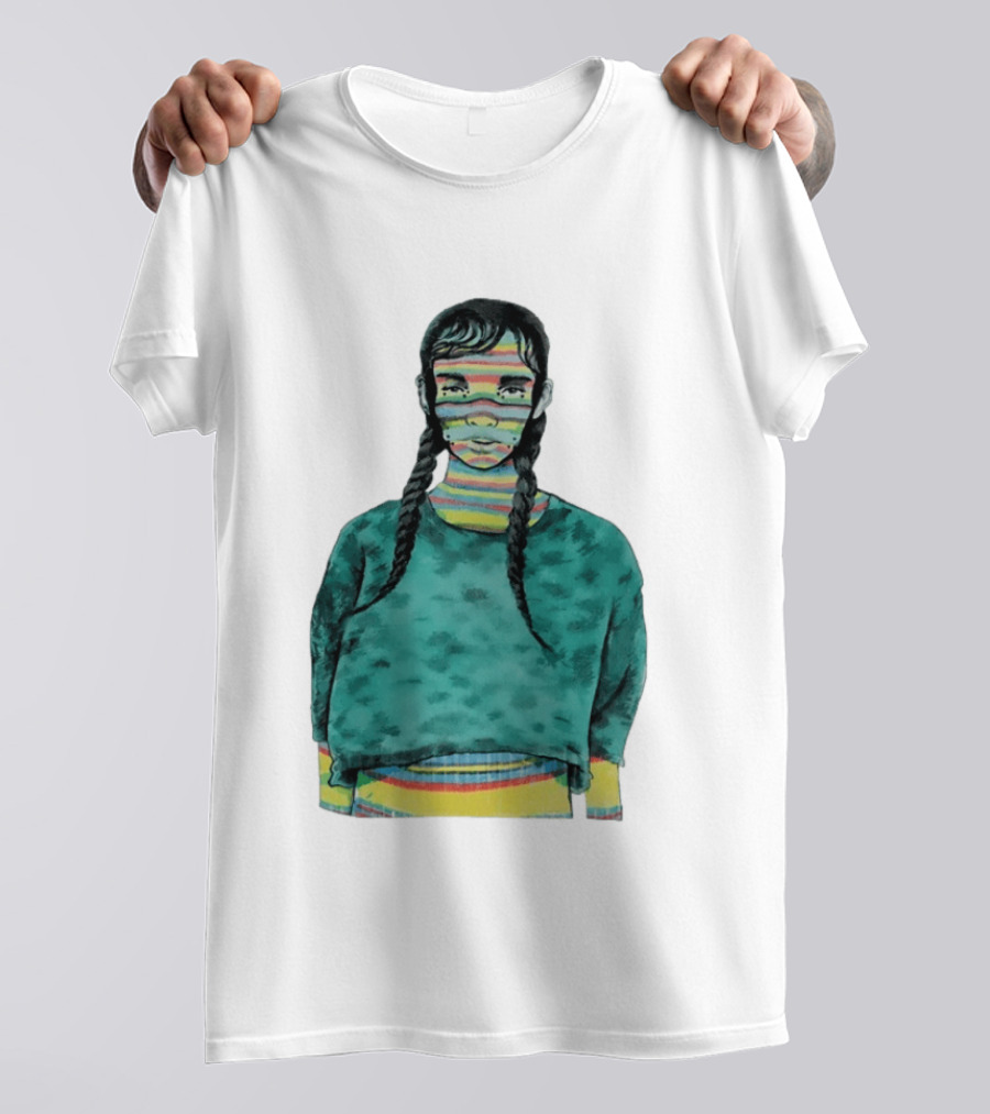 Girl With Braids Colorful Striped Face And Green Sweater T-Shirt
