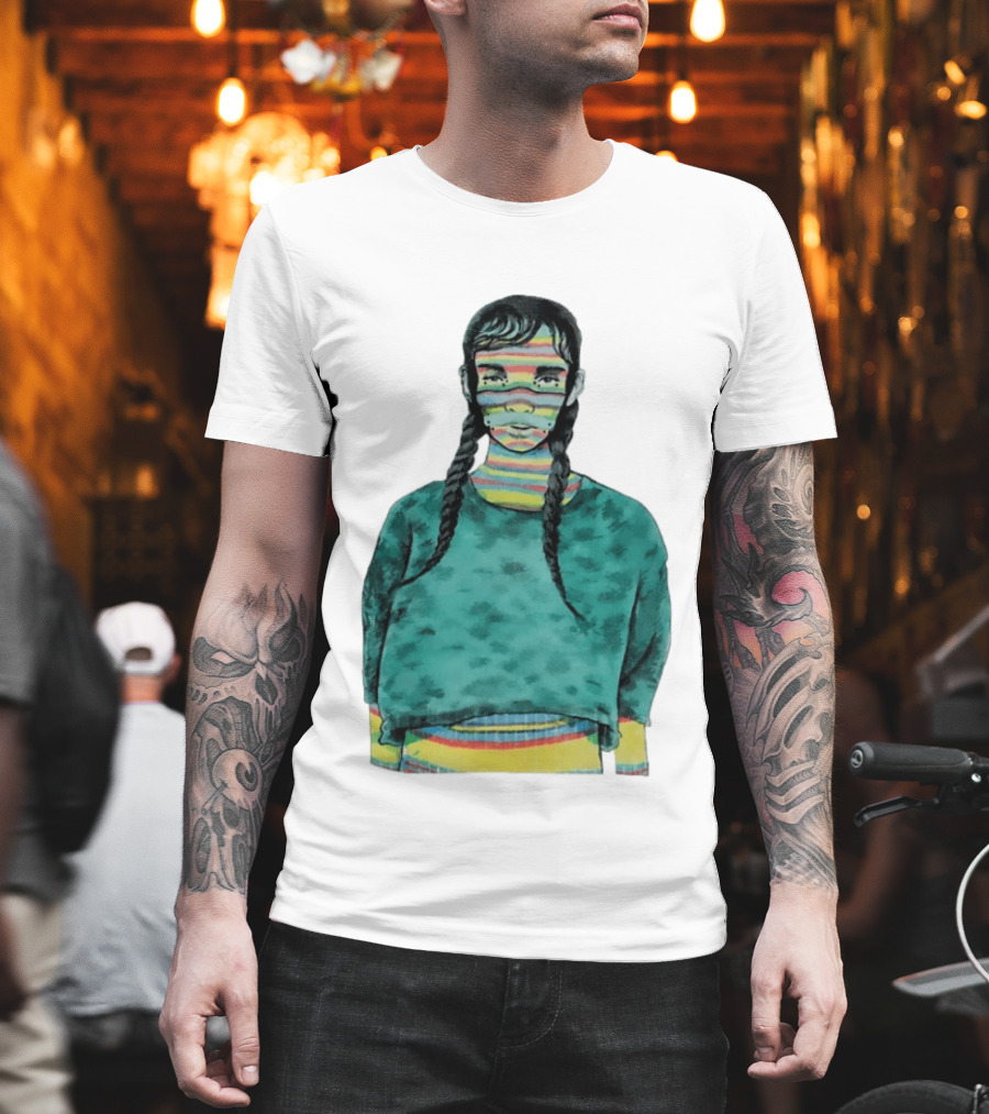 Girl With Braids Colorful Striped Face And Green Sweater T-Shirt