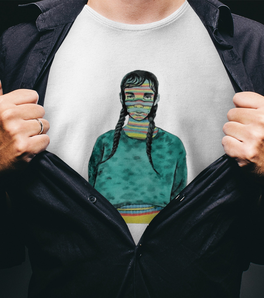 Girl With Braids Colorful Striped Face And Green Sweater T-Shirt