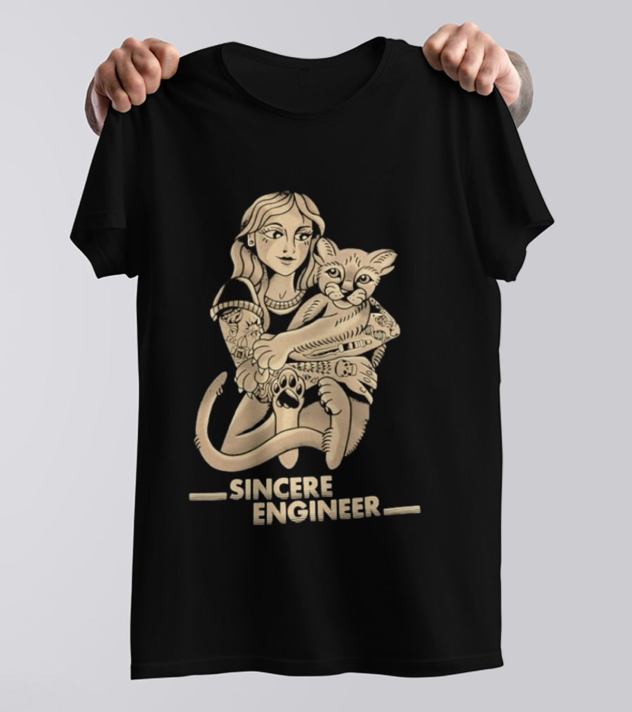 Tattooed Woman Hugging Cat Sincere Engineer T-Shirt