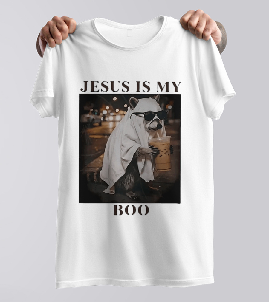 Jesus Is My Boo Raccoon With Iced Coffee And Sunglasses T-Shirt