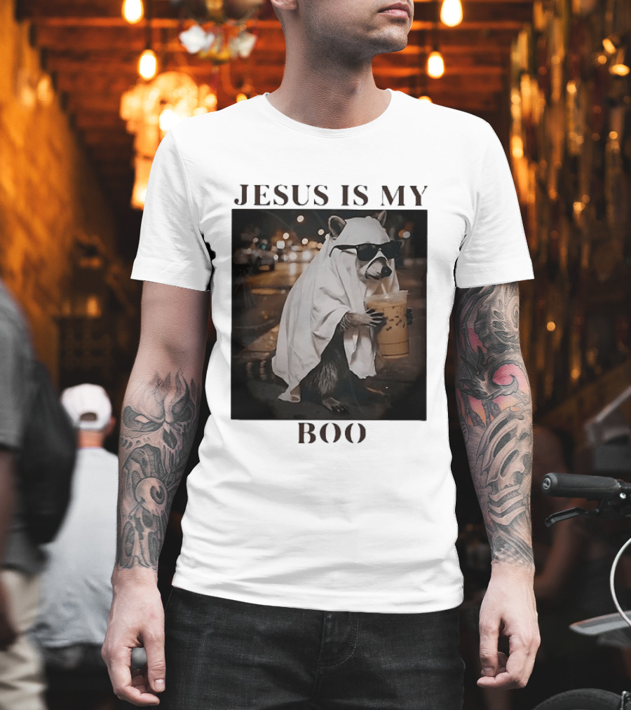 Jesus Is My Boo Raccoon With Iced Coffee And Sunglasses T-Shirt