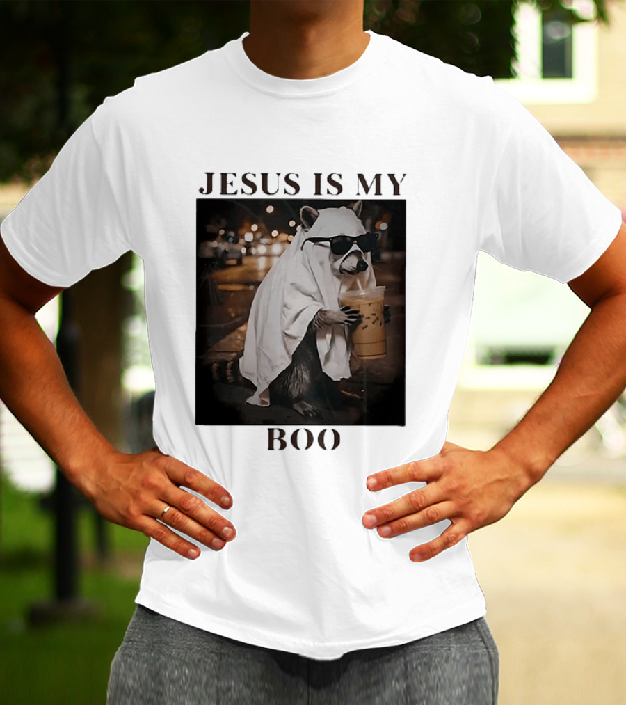 Jesus Is My Boo Raccoon With Iced Coffee And Sunglasses T-Shirt
