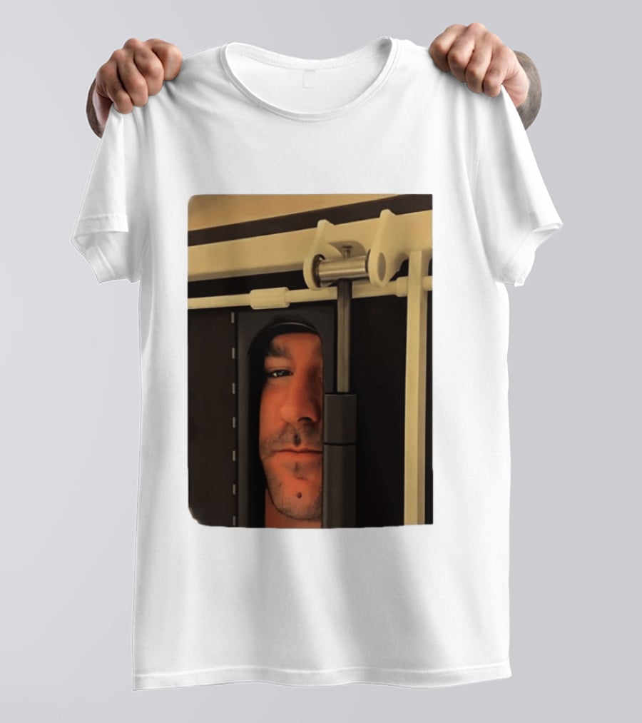 Man Peeking Through Door Face Hidden Observation Doorway T-Shirt