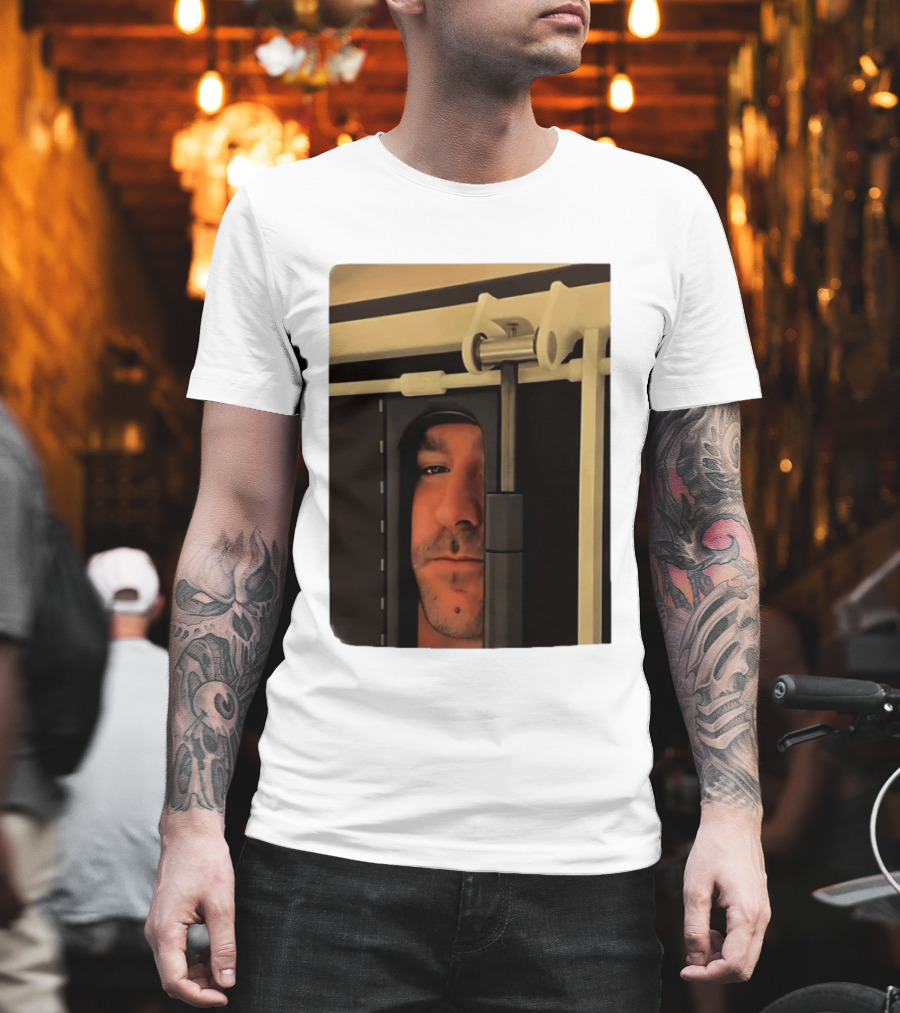 Man Peeking Through Door Face Hidden Observation Doorway T-Shirt