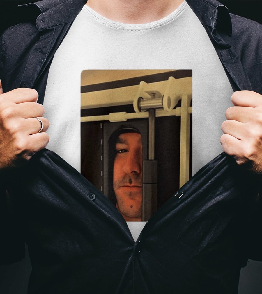 Man Peeking Through Door Face Hidden Observation Doorway T-Shirt