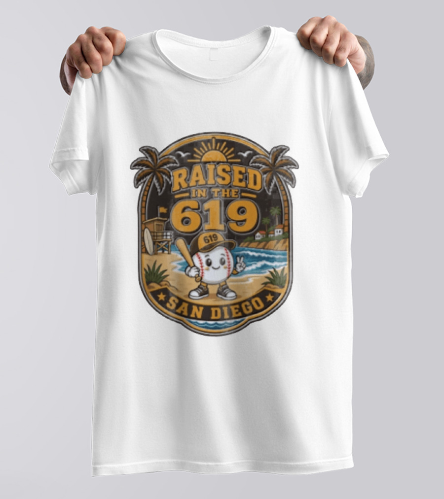 Raised In The 619 Baseball Character San Diego Beach Sunset Palm Trees T-Shirt