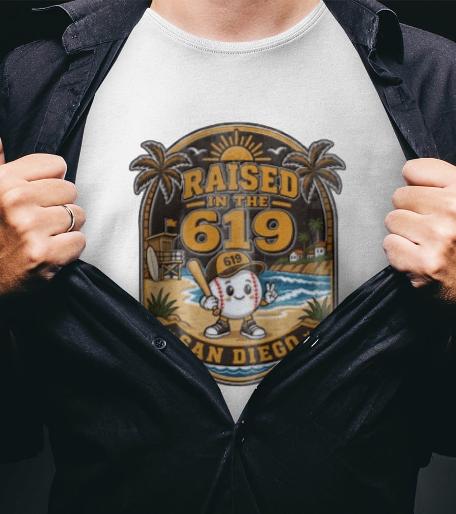 Raised In The 619 Baseball Character San Diego Beach Sunset Palm Trees T-Shirt