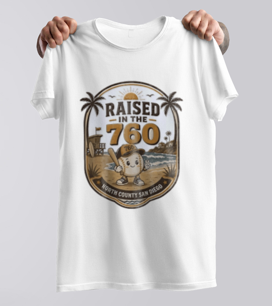Raised In The 760 North County San Diego Beach Baseball Palms Waves Lifeguard Tower T-Shirt