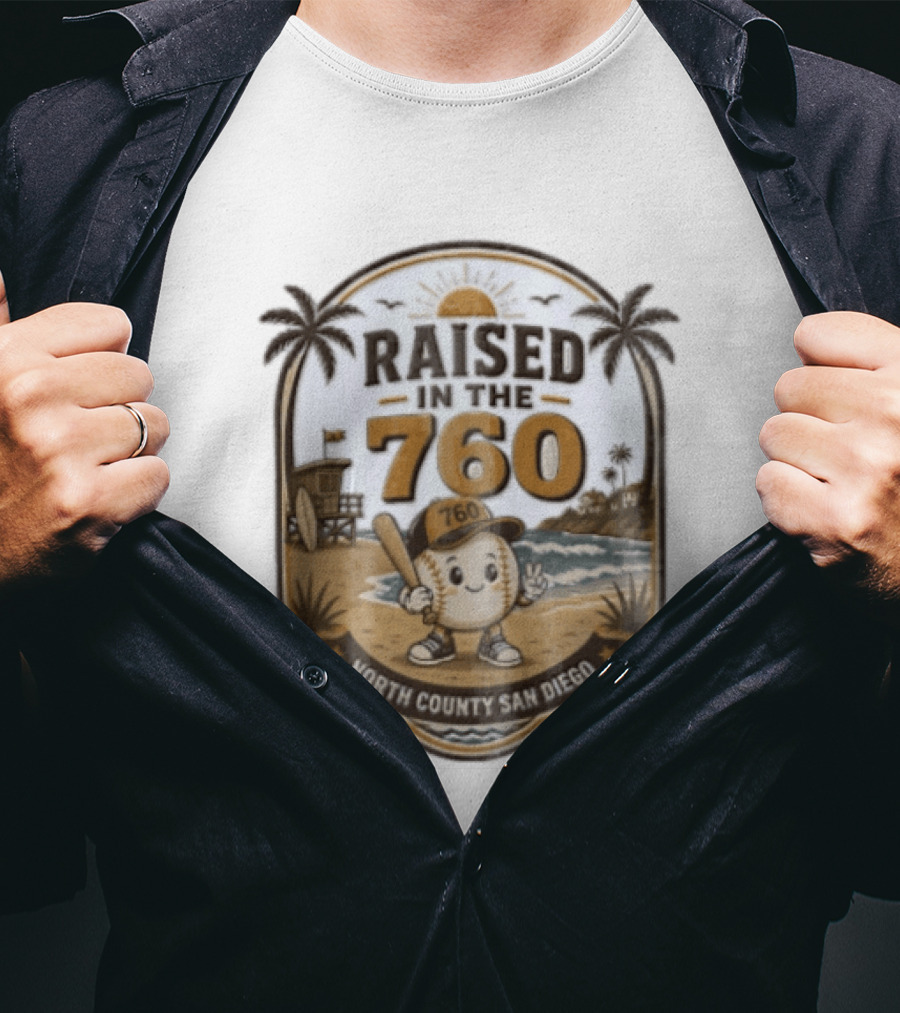 Raised In The 760 North County San Diego Beach Baseball Palms Waves Lifeguard Tower T-Shirt