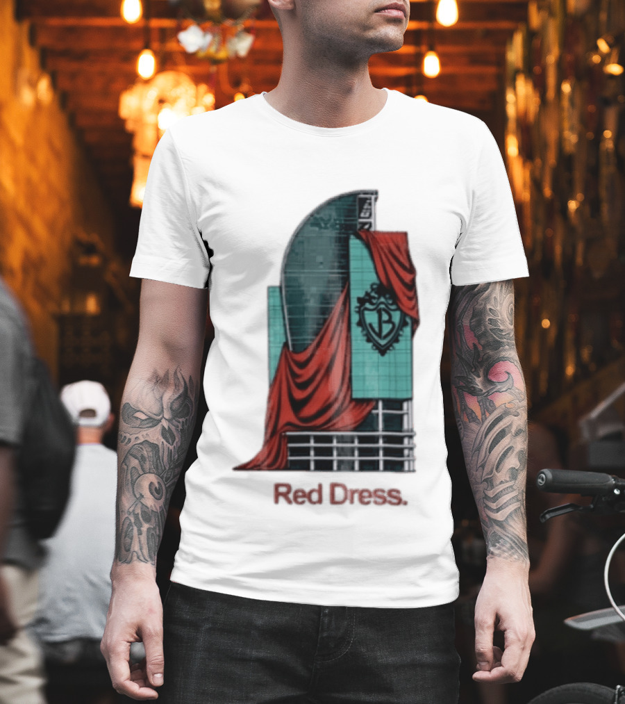 Red Dress Red Drapes Over Modern Skyscraper With Shield T-Shirt