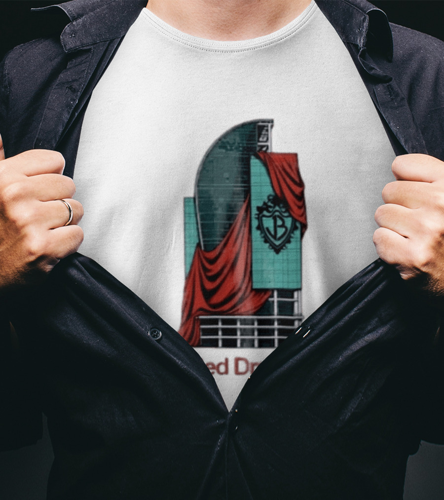 Red Dress Red Drapes Over Modern Skyscraper With Shield T-Shirt