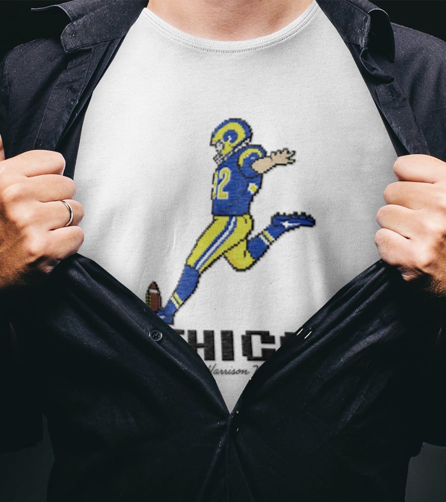 #THICC Harrison Mevis 92 Pixel Football Player In Blue And Yellow Uniform T-Shirt