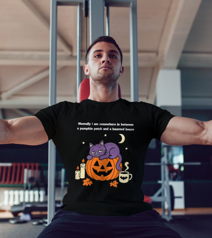 Mentally I Am Somewhere Between A Pumpkin Patch And A Haunted House Cat Candles Moon Cup Stars T-Shirt
