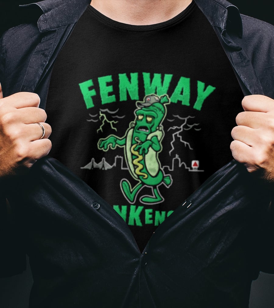 Fenway Frankenstein Halloween Zombie Monster With Lightning And Spooky Skyline T-Shirt