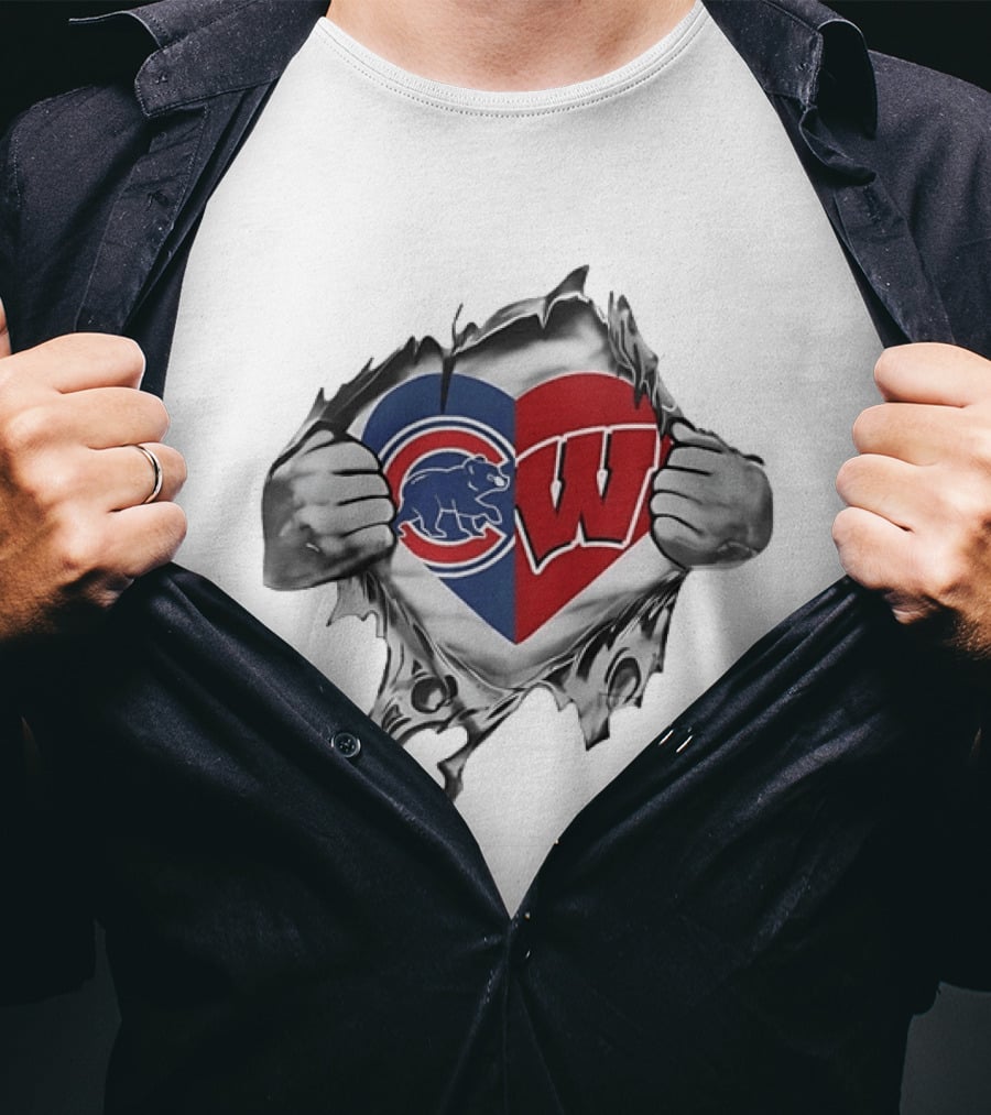Chicago Cubs And Wisconsin Badgers Heart Rip T-Shirt