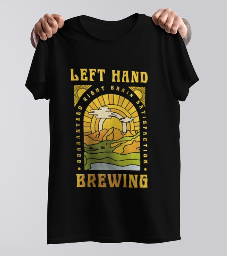 Left Hand Brewing Guaranteed Right Brain Satisfaction Sunburst River Landscape T-Shirt