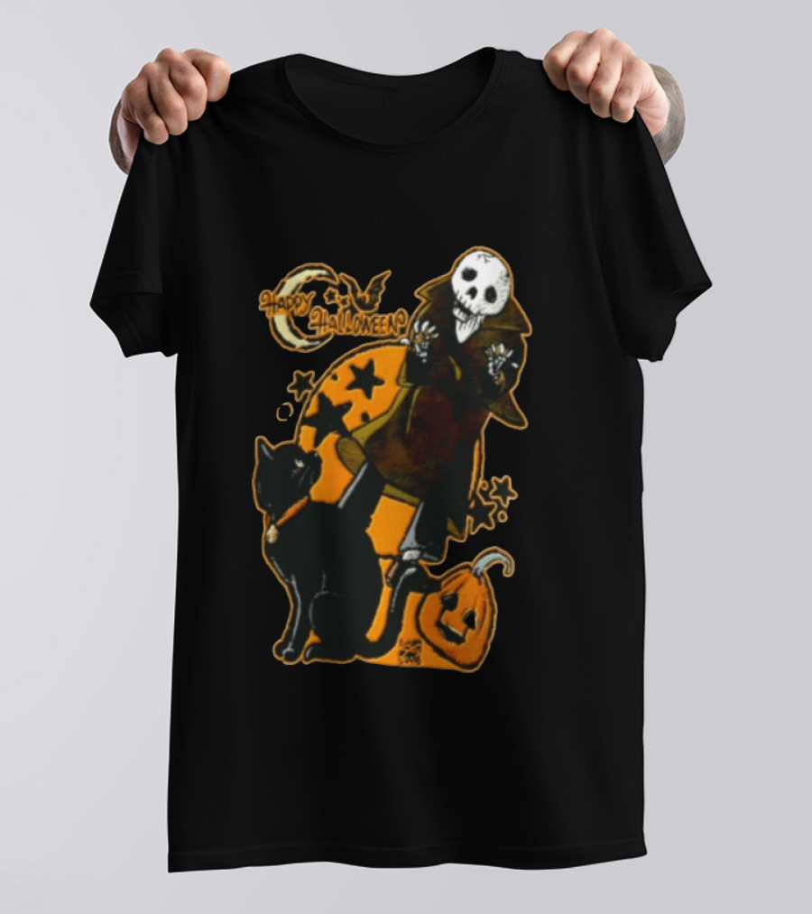 Happy Halloween Skeleton With Black Cat And Pumpkin T-Shirt