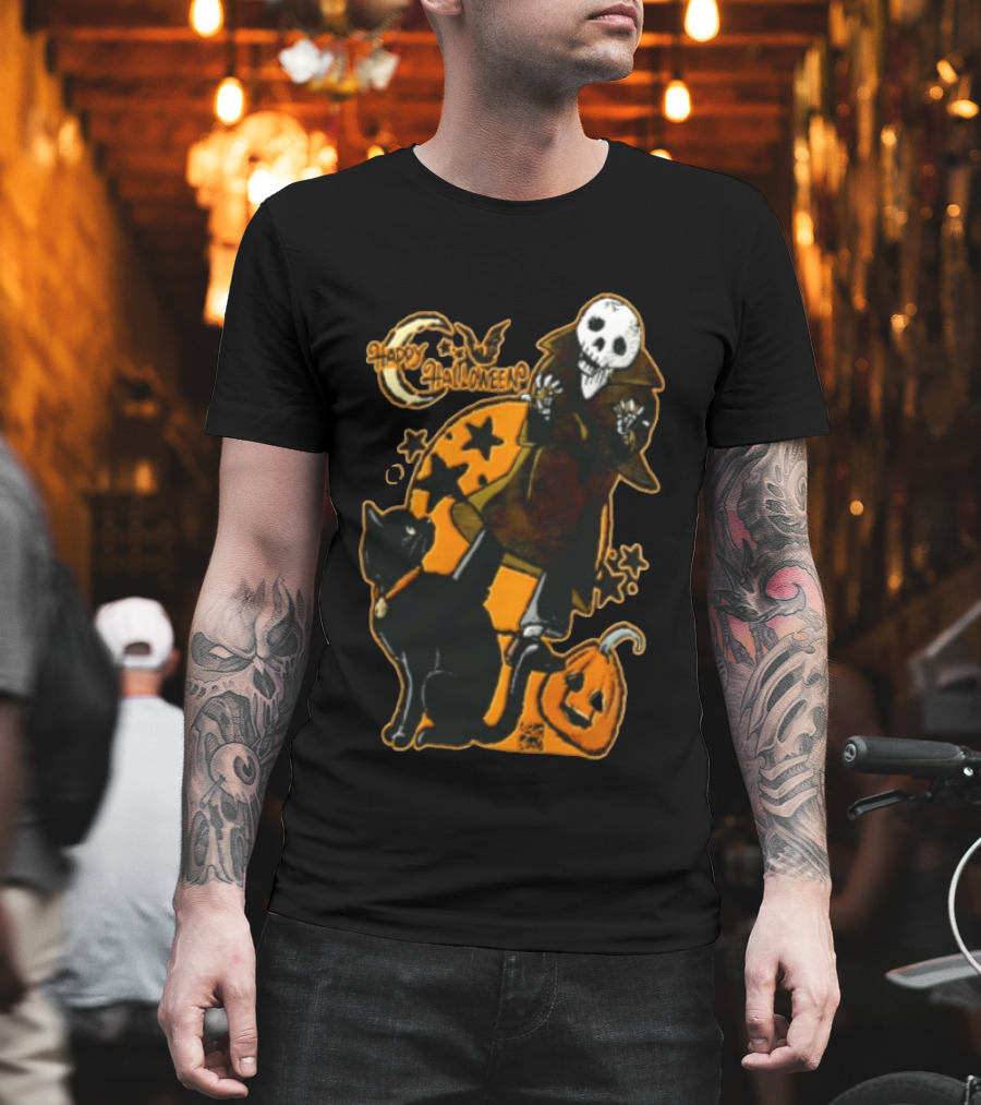 Happy Halloween Skeleton With Black Cat And Pumpkin T-Shirt