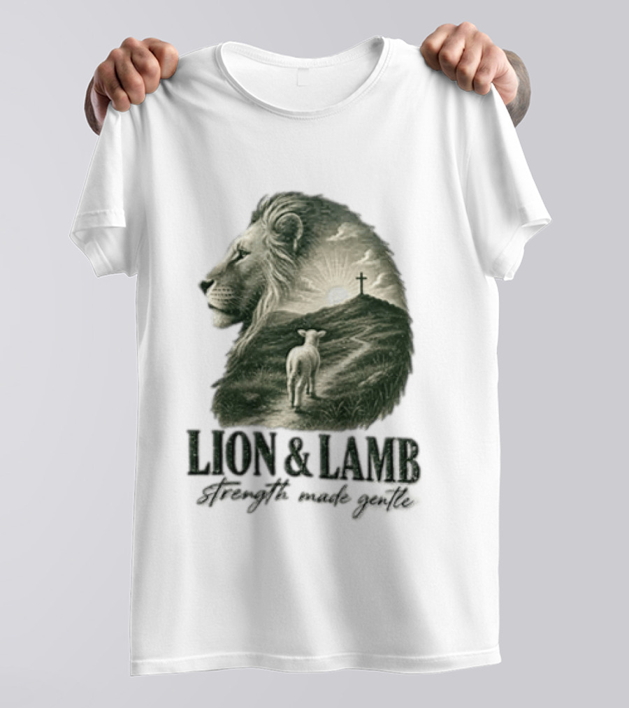 Lion And Lamb Strength Made Gentle Jesus Christ Cross Calvary Christian Faith T-Shirt