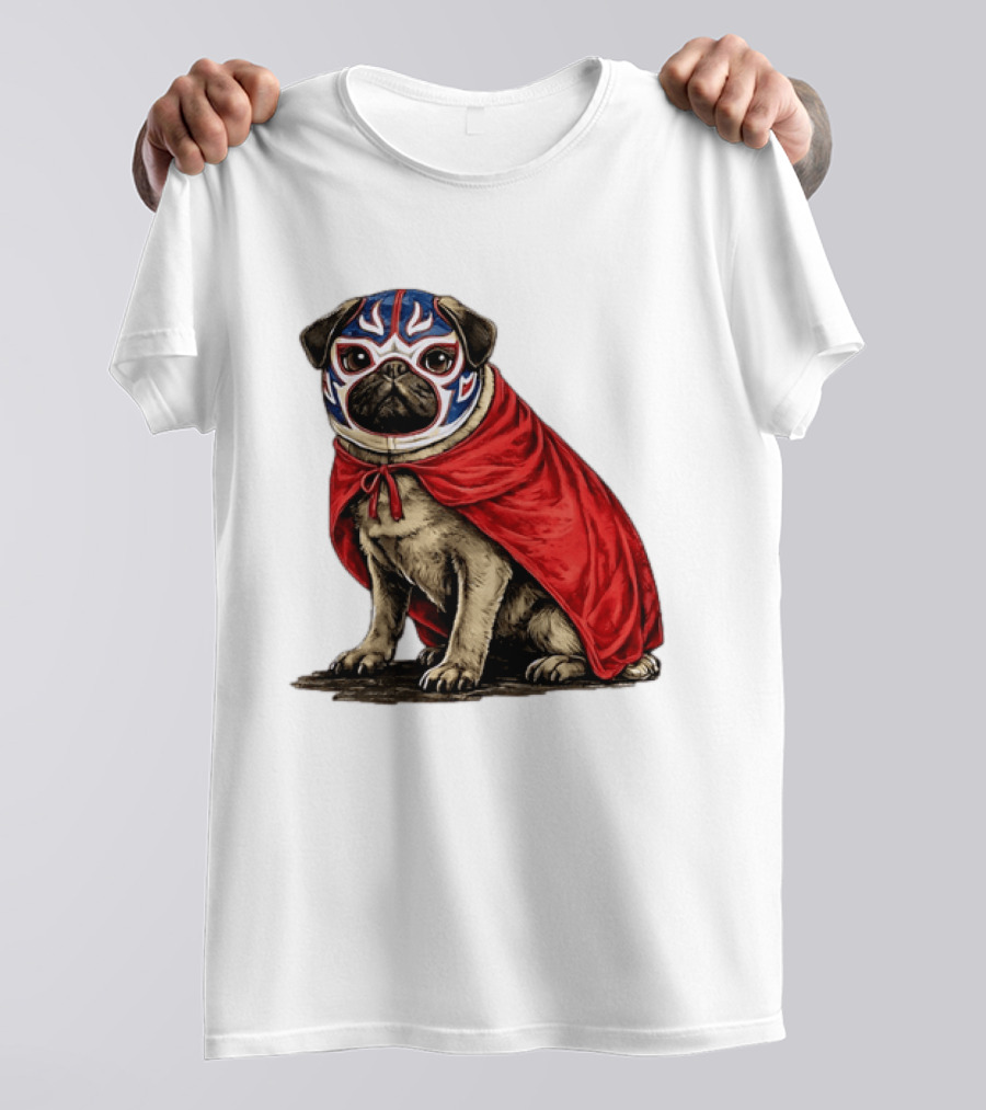 Lucha Libre Pug Red Cape Mexican Wrestling Dog Mask T-Shirt