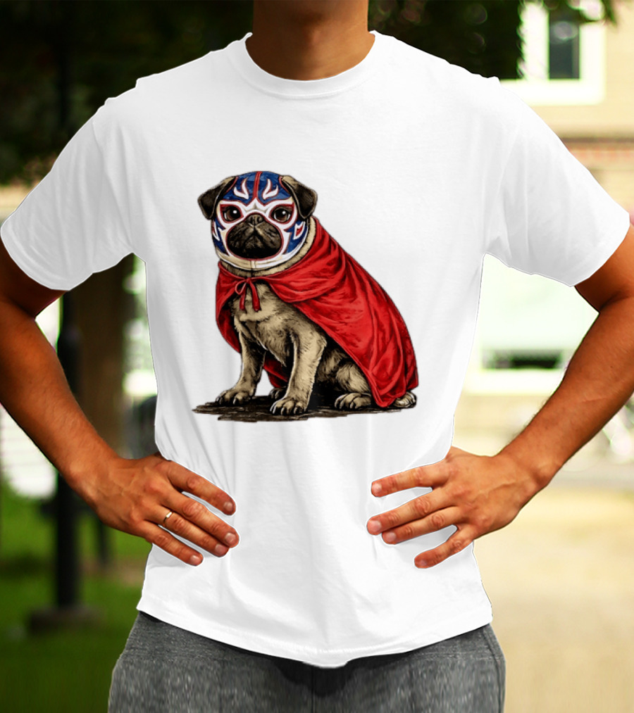 Lucha Libre Pug Red Cape Mexican Wrestling Dog Mask T-Shirt