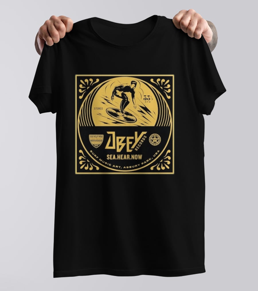 Obey Records SeaHearNow Surf Music Art Asbury Park USA 33 RPM Stereo T-Shirt