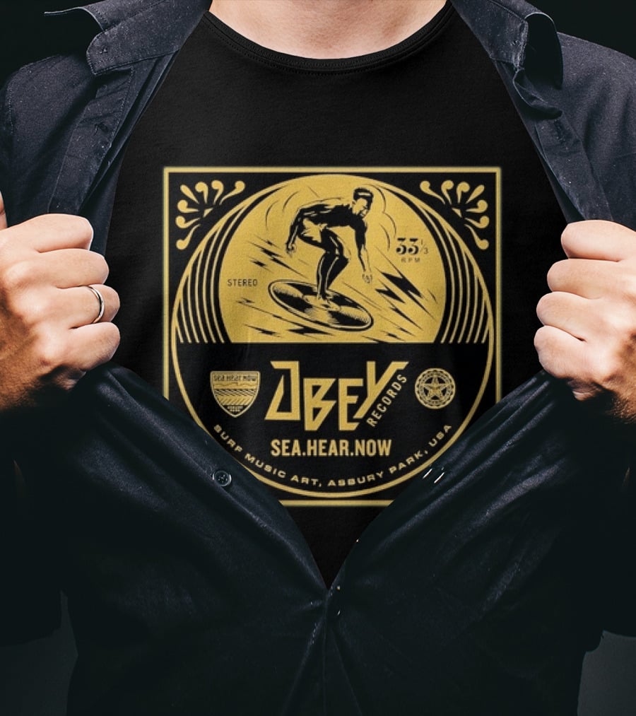 Obey Records SeaHearNow Surf Music Art Asbury Park USA 33 RPM Stereo T-Shirt