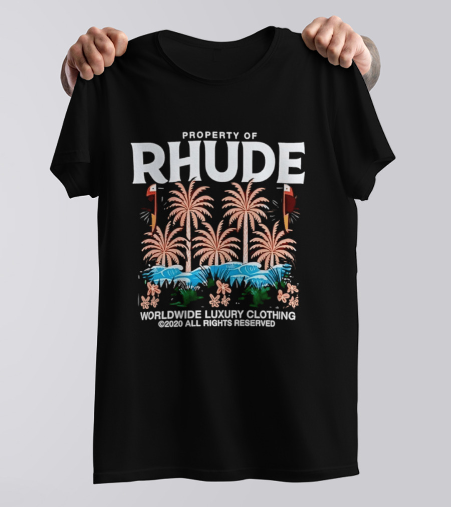 Property Of Rhude Worldwide Luxury Clothing Surfing Palm Trees Ocean Waves T-Shirt