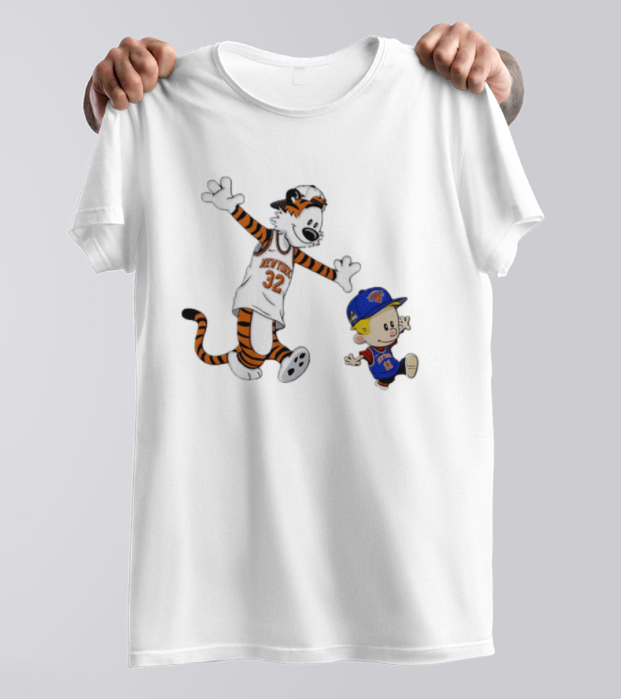Calvin And Hobbes In New York Knicks NBA Jerseys With Classic Cartoon T-Shirt