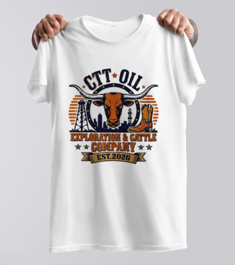 CTT Oil Exploration And Cattle Company Est. 2026 Bull Skull And Cowboy Boot Texans Collage T-Shirt