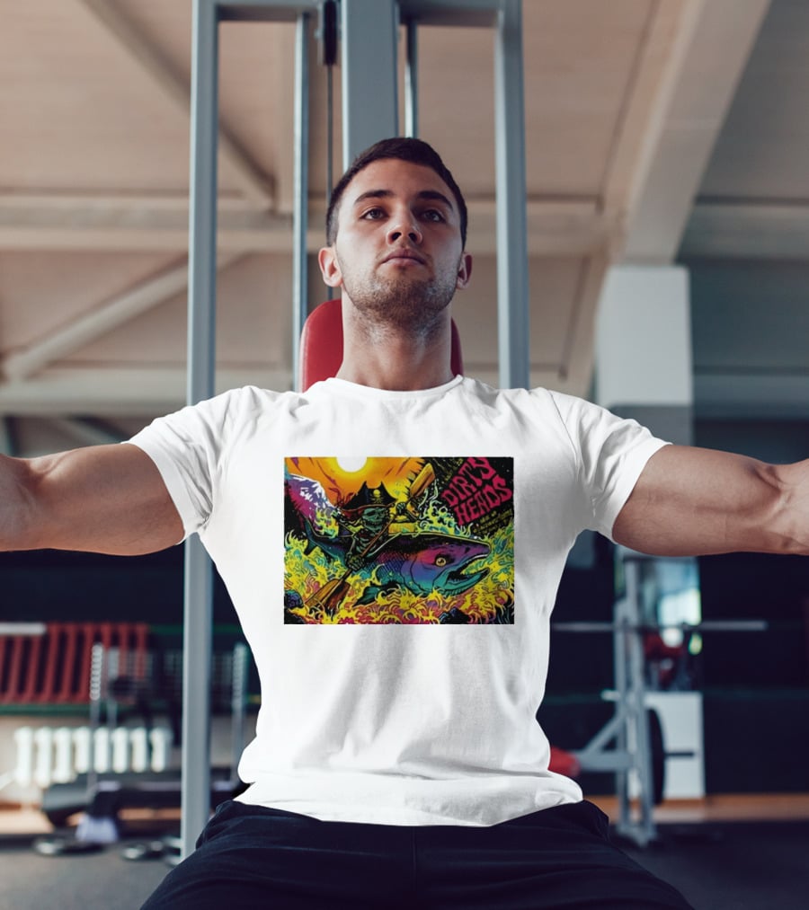 Dirty Heads Pirate Skeleton Kayaking Giant Fish Psychedelic Adventure T-Shirt