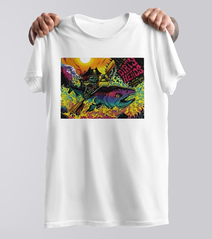 Dirty Heads Pirate Skeleton Kayaking Giant Fish Psychedelic Adventure T-Shirt