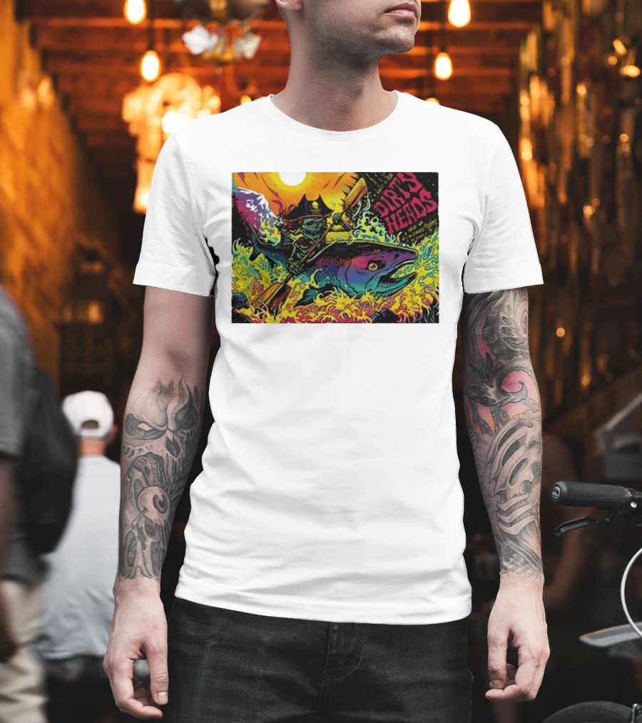Dirty Heads Pirate Skeleton Kayaking Giant Fish Psychedelic Adventure T-Shirt