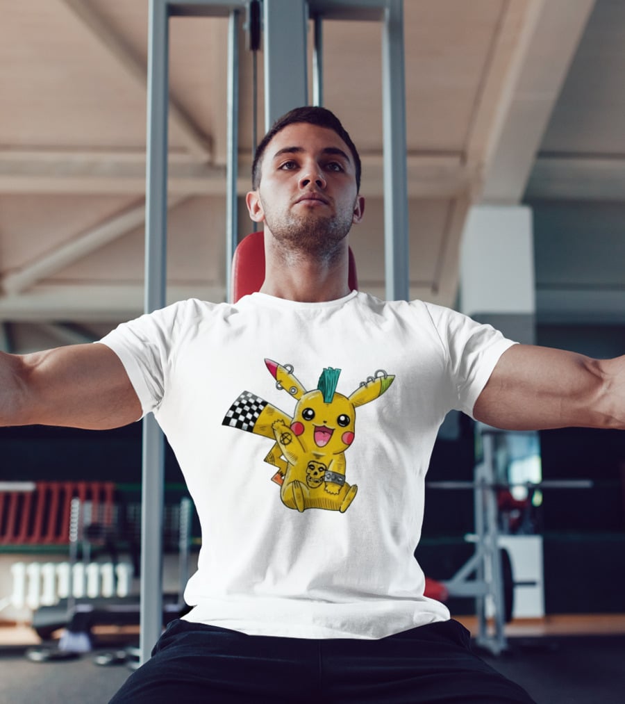 Punkachu Pikachu Mohawk Skull Anarchist Punk Rock Style Checkered Flag Details T-Shirt