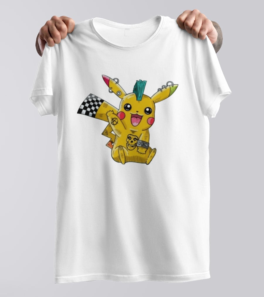 Punkachu Pikachu Mohawk Skull Anarchist Punk Rock Style Checkered Flag Details T-Shirt