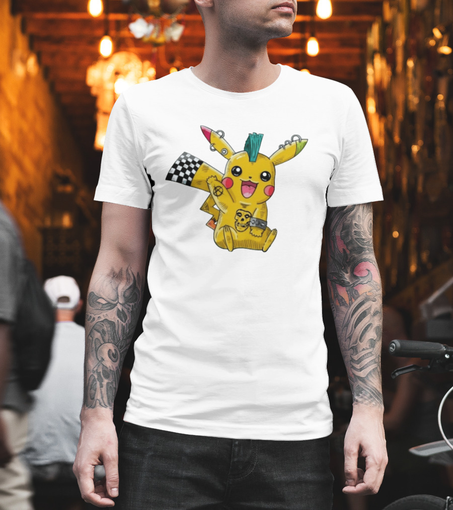 Punkachu Pikachu Mohawk Skull Anarchist Punk Rock Style Checkered Flag Details T-Shirt