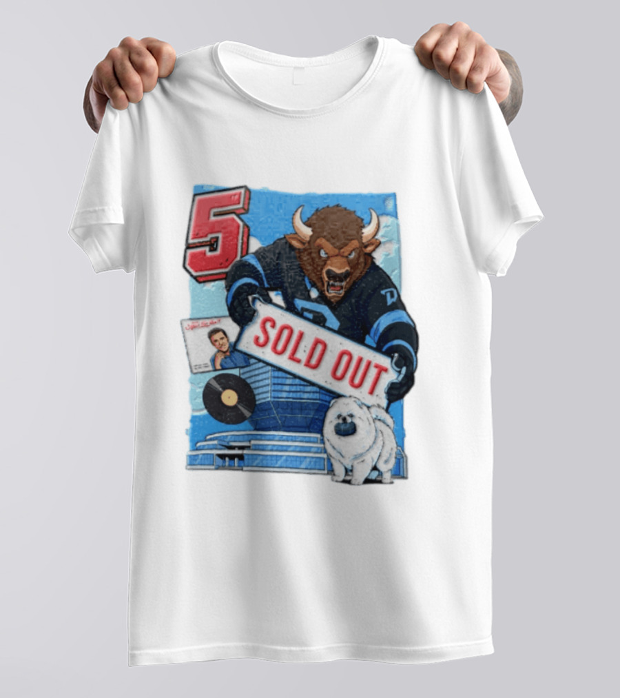 5 Bison Sold Out Sign White Fluffy Dog Holding Puck T-Shirt
