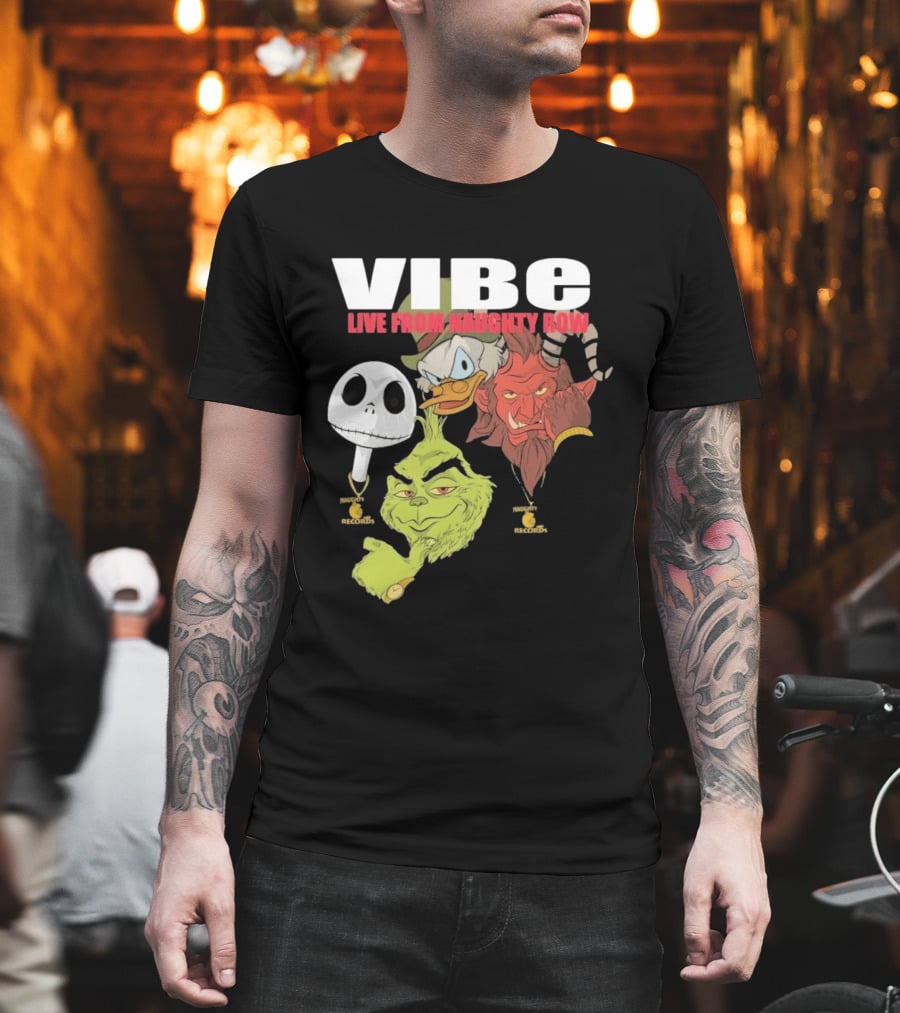 Vibe Live From Naughty Row Grinch Krampus Scrooge Jack Skellington Christmas Naughty Row Records T-Shirt