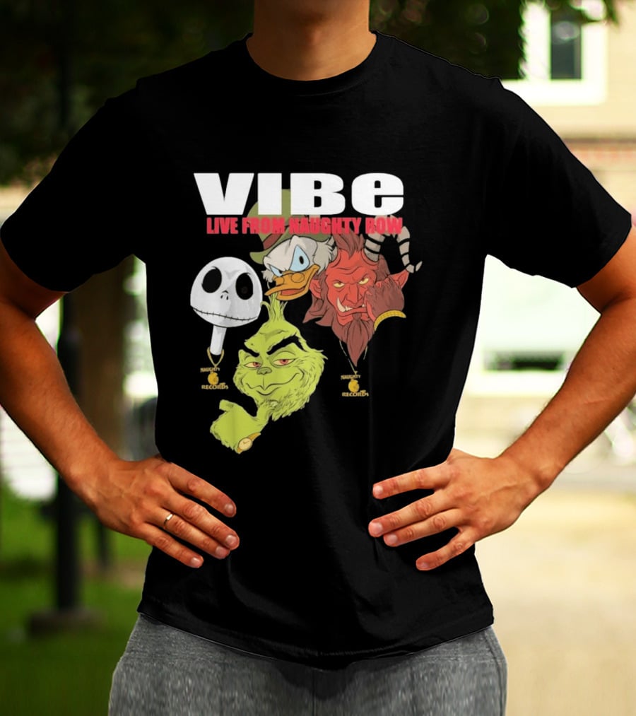 Vibe Live From Naughty Row Grinch Krampus Scrooge Jack Skellington Christmas Naughty Row Records T-Shirt