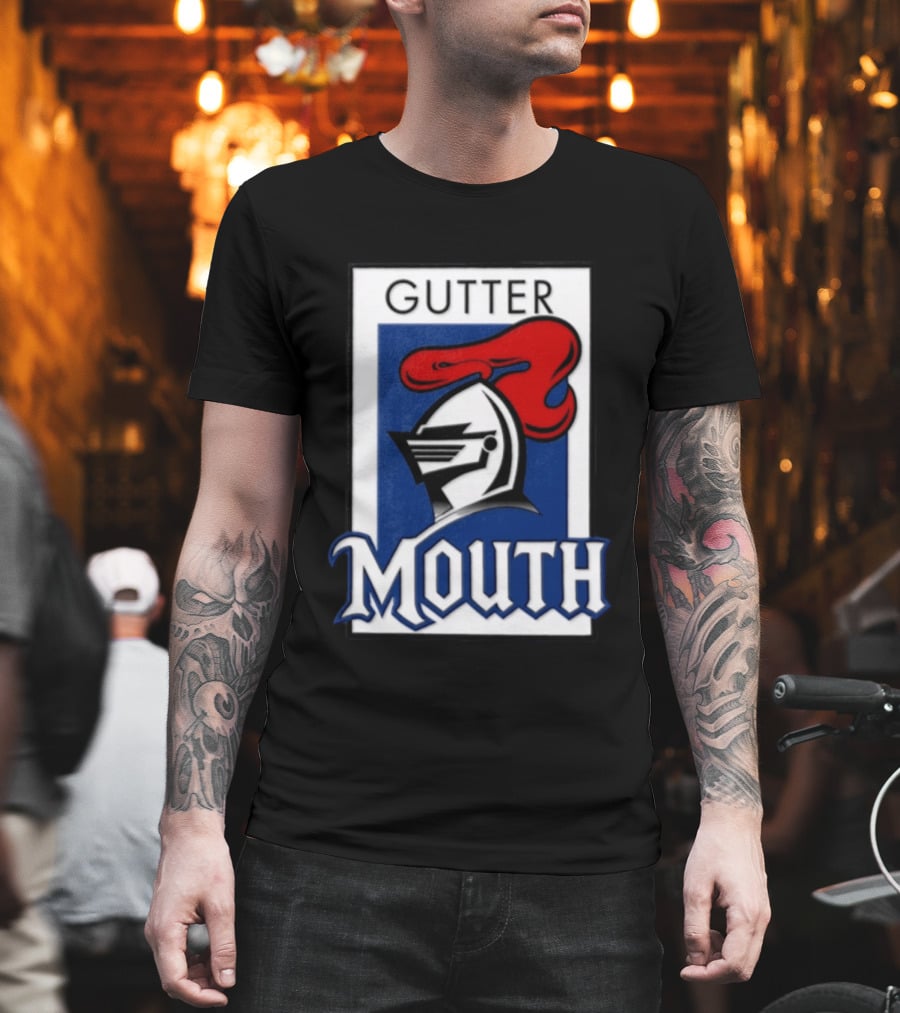 Guttermouth Newcastle Knights Collaboration Rugby League Iconic Helmet Red Blue T-Shirt