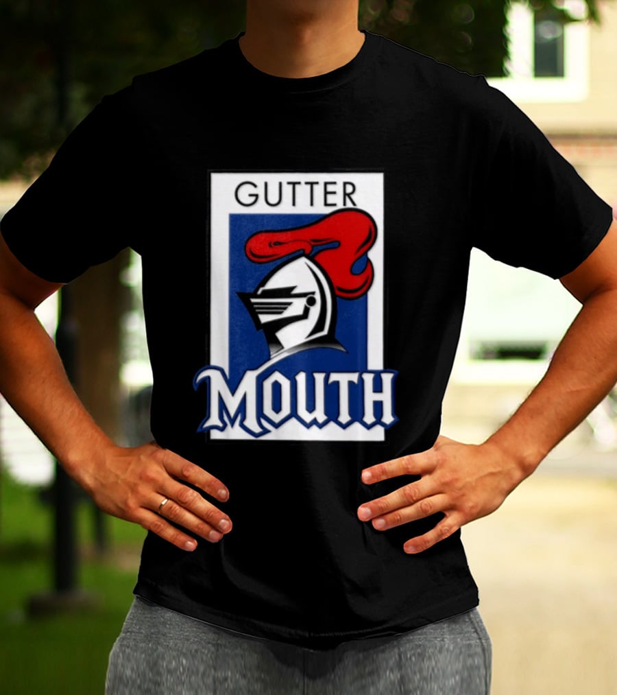 Guttermouth Newcastle Knights Collaboration Rugby League Iconic Helmet Red Blue T-Shirt