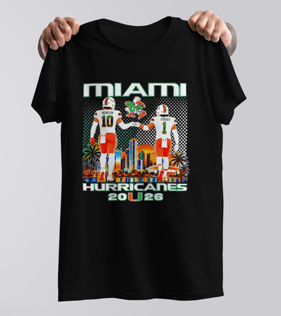 Miami Hurricanes 2026 Darian Mensah Malachi Toney Football Team Skyline Sunset T-Shirt