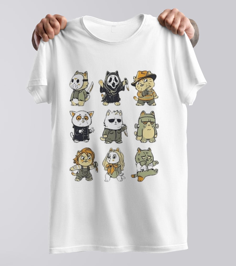Horror Movie Cats Meowster Party Jason Ghostface Freddy Krueger Halloween T-Shirt