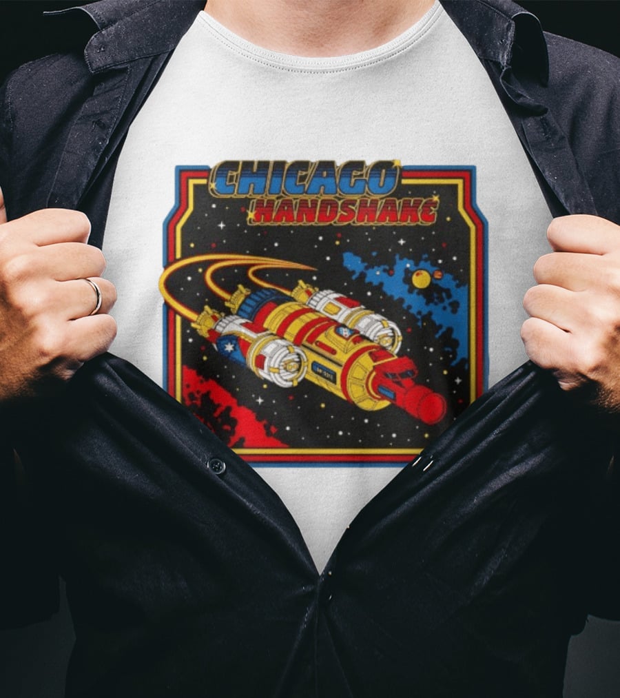 Chicago Handshake Spaceship Malort Old Lager Retro Sci Fi Space Adventure T-Shirt