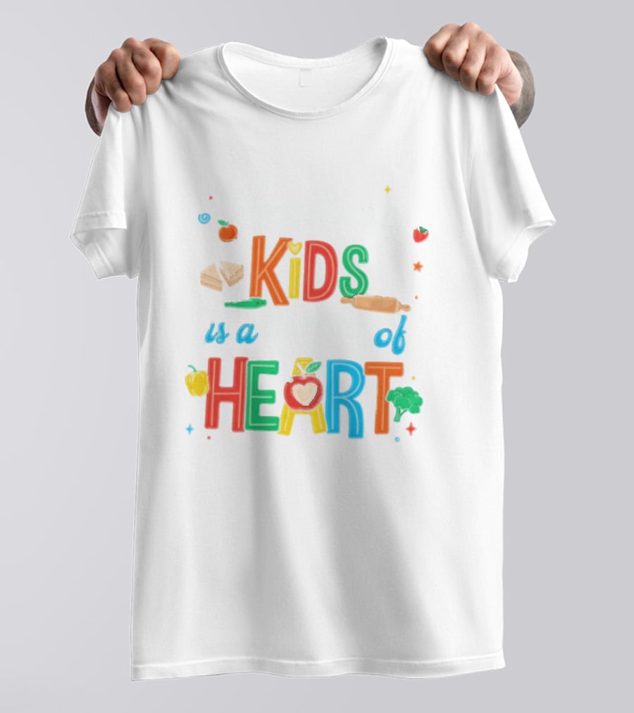 Feeding Kids Is A Work Of Heart Kitchen Tools Colorful Food Items T-Shirt