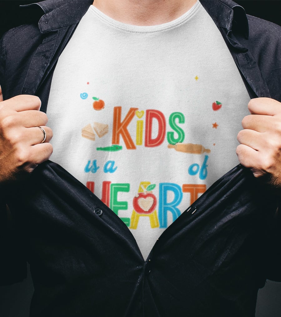 Feeding Kids Is A Work Of Heart Kitchen Tools Colorful Food Items T-Shirt