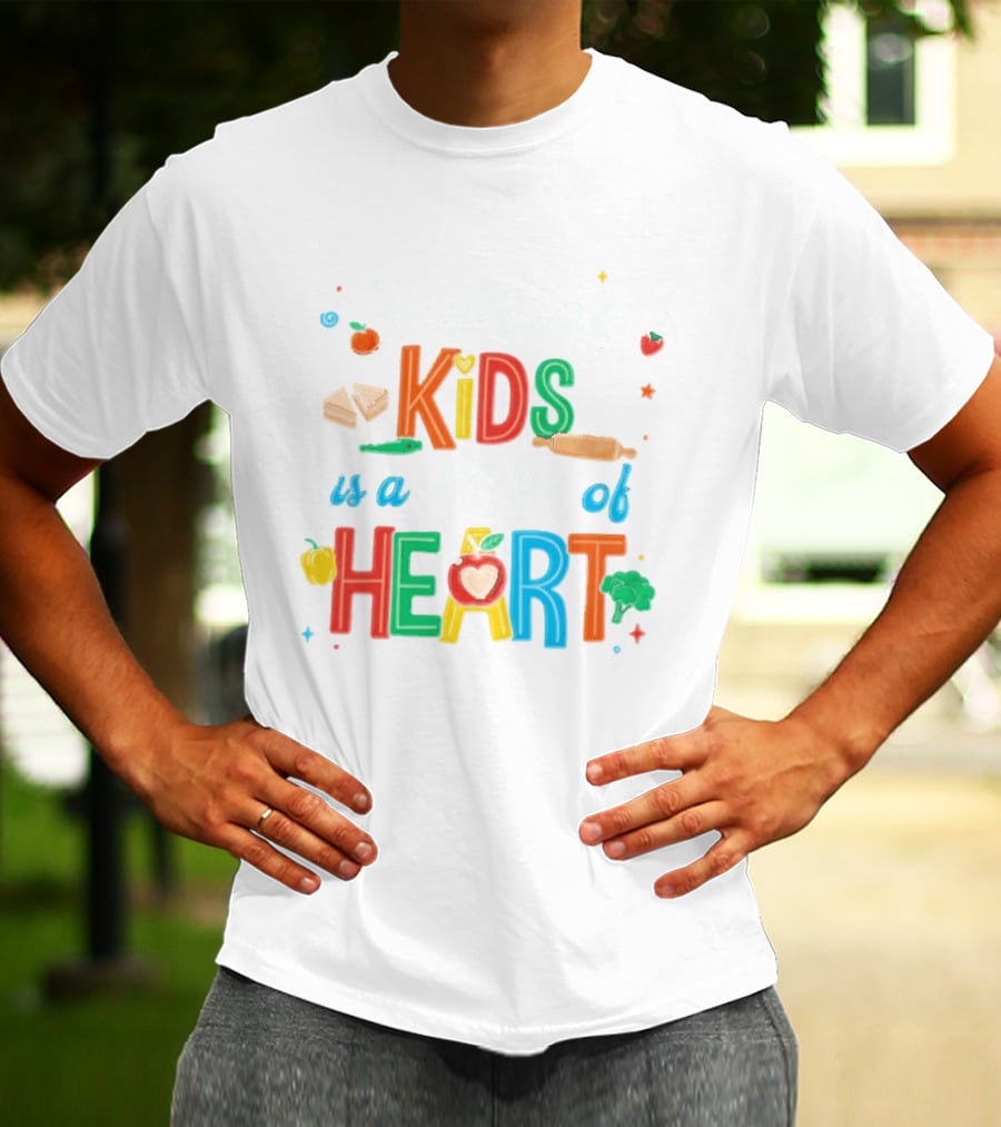 Feeding Kids Is A Work Of Heart Kitchen Tools Colorful Food Items T-Shirt