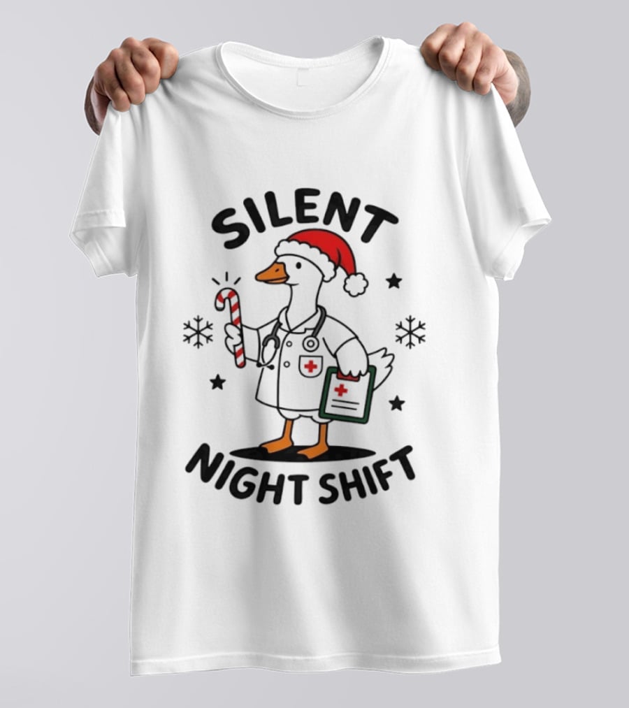 Silent Night Shift Christmas Goose In Santa Hat With Doctor Stethoscope And Candy Cane T-Shirt
