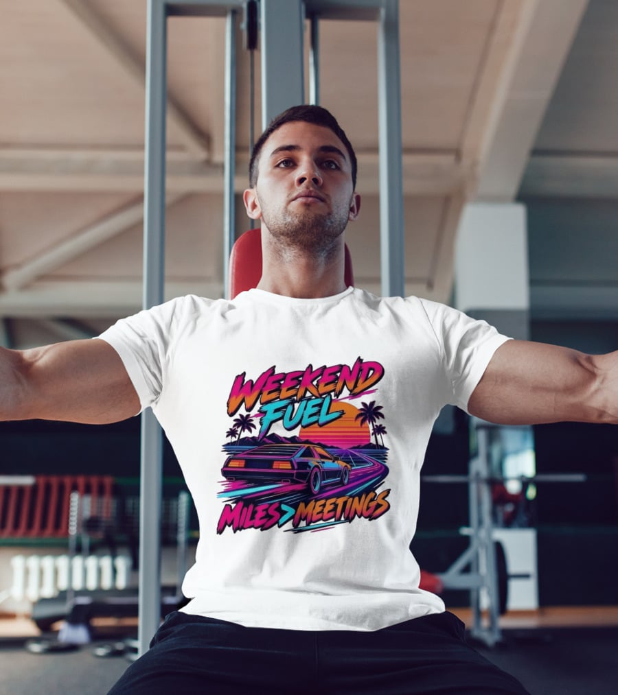 Weekend Fuel Synthwave Sports Car Miles Over Meetings Retro Aesthetic T-Shirt